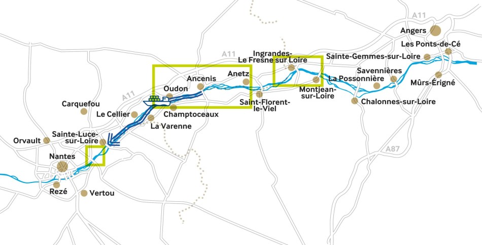 Carte de Nantes à Angers présentant les secteurs de travaux et le transfert fluvial d'enrochements